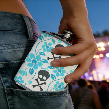 Skulls and blue floral pattern One 8oz Flask – Carries Whiskey, Wine & Juice, Portable Outdoor Gift for Friends