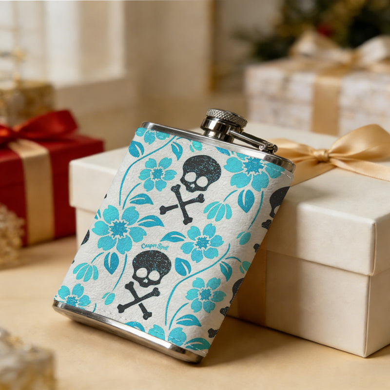 Skulls and blue floral pattern One 8oz Flask – Carries Whiskey, Wine & Juice, Portable Outdoor Gift for Friends