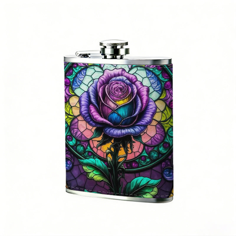 Stained glass rose pattern One 8oz Flask – Carries Whiskey, Wine & Juice, Portable Outdoor Gift for Friends