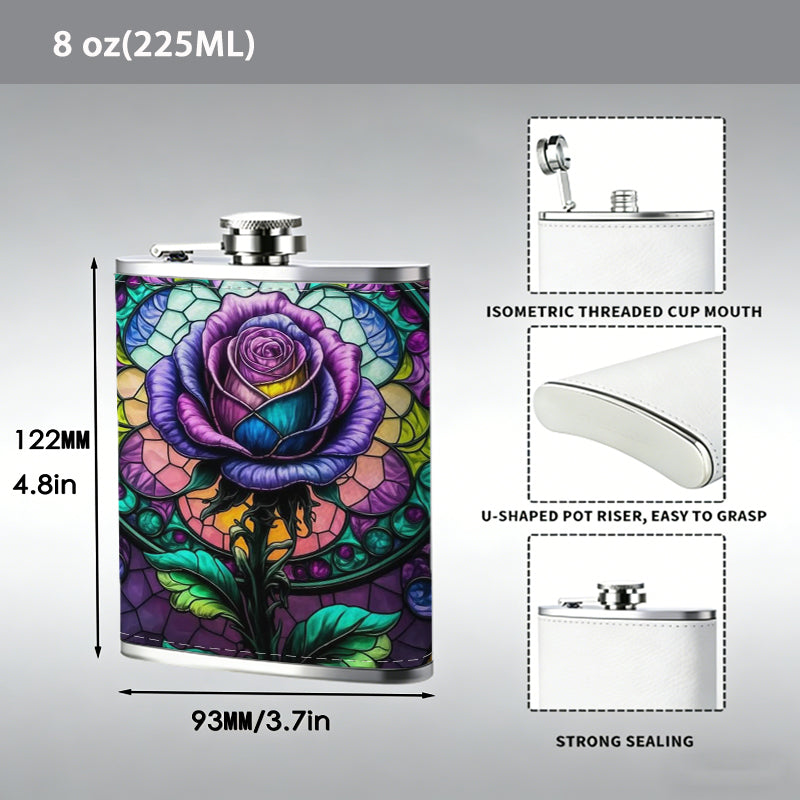 Stained glass rose pattern One 8oz Flask – Carries Whiskey, Wine & Juice, Portable Outdoor Gift for Friends