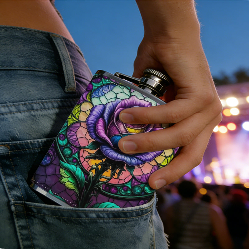 Stained glass rose pattern One 8oz Flask – Carries Whiskey, Wine & Juice, Portable Outdoor Gift for Friends