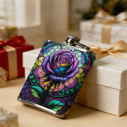 Stained glass rose pattern One 8oz Flask – Carries Whiskey, Wine & Juice, Portable Outdoor Gift for Friends