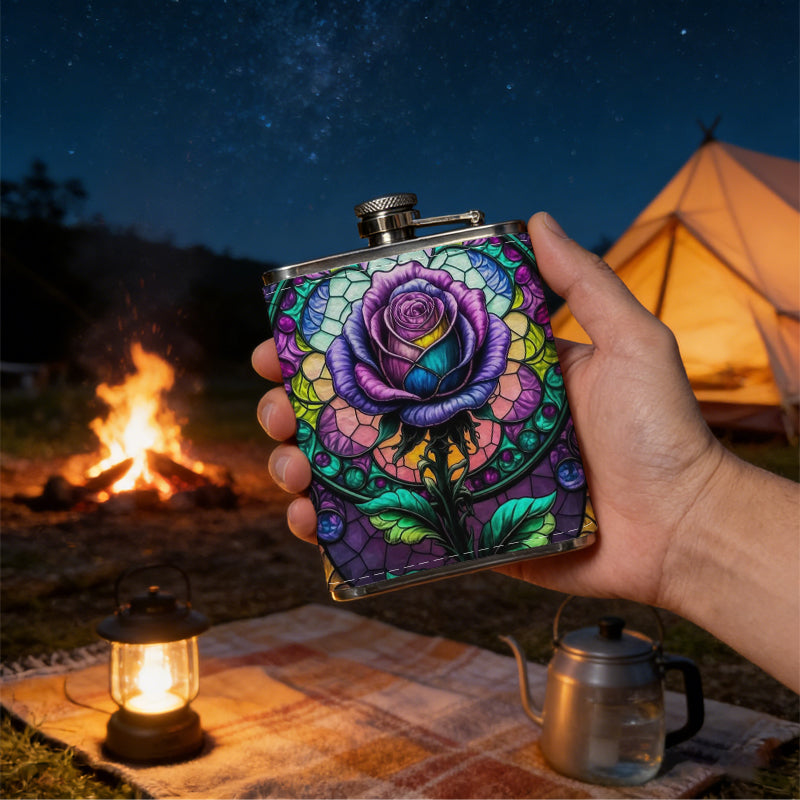 Stained glass rose pattern One 8oz Flask – Carries Whiskey, Wine & Juice, Portable Outdoor Gift for Friends