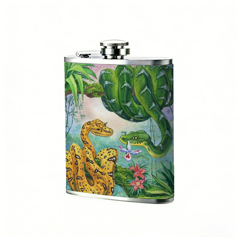Two snakes in tropical jungle One 8oz Flask – Carries Whiskey, Wine & Juice, Portable Outdoor Gift for Friends