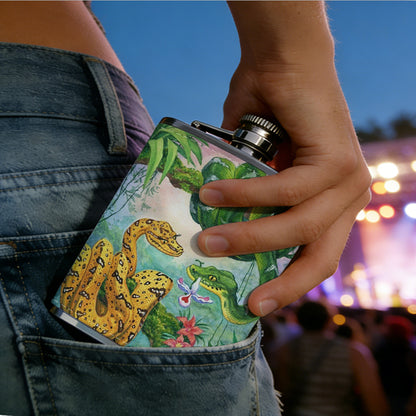 Two snakes in tropical jungle One 8oz Flask – Carries Whiskey, Wine & Juice, Portable Outdoor Gift for Friends