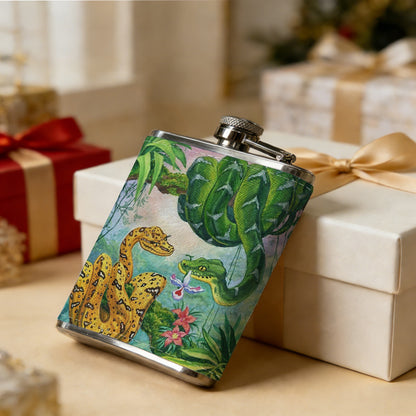 Two snakes in tropical jungle One 8oz Flask – Carries Whiskey, Wine & Juice, Portable Outdoor Gift for Friends