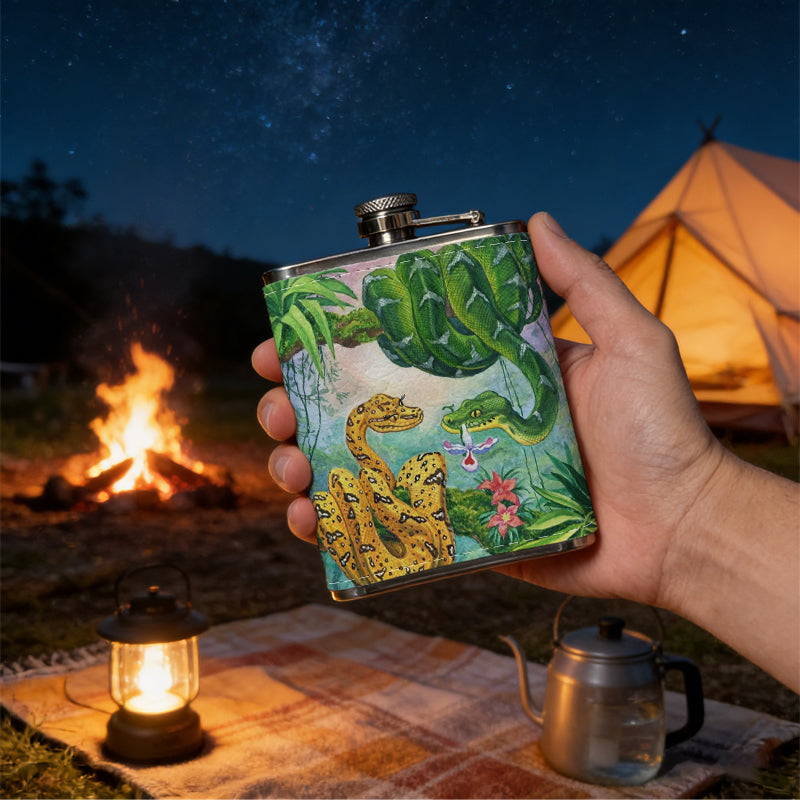Two snakes in tropical jungle One 8oz Flask – Carries Whiskey, Wine & Juice, Portable Outdoor Gift for Friends