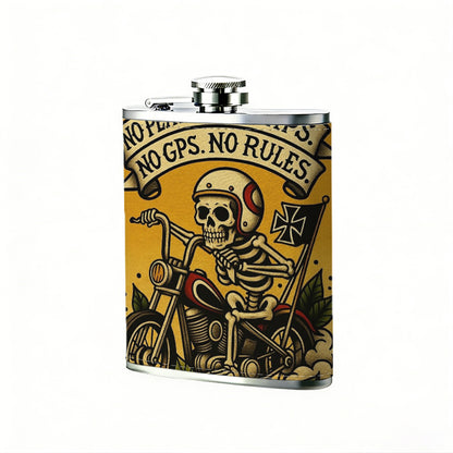 Skeleton rider on motorcycle with banner One 8oz Flask – Carries Whiskey, Wine & Juice, Portable Outdoor Gift for Friends