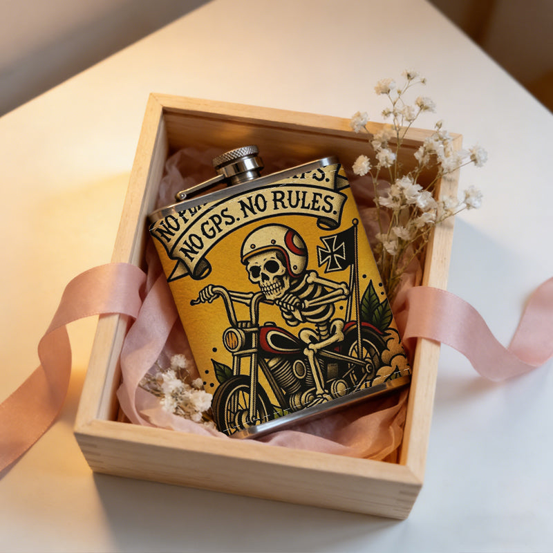 Skeleton rider on motorcycle with banner One 8oz Flask – Carries Whiskey, Wine & Juice, Portable Outdoor Gift for Friends