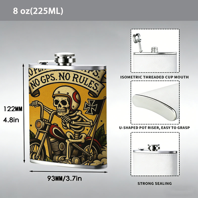 Skeleton rider on motorcycle with banner One 8oz Flask – Carries Whiskey, Wine & Juice, Portable Outdoor Gift for Friends