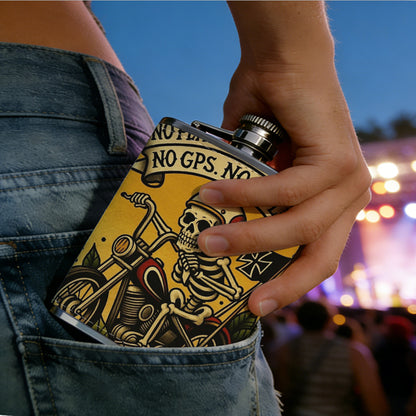 Skeleton rider on motorcycle with banner One 8oz Flask – Carries Whiskey, Wine & Juice, Portable Outdoor Gift for Friends