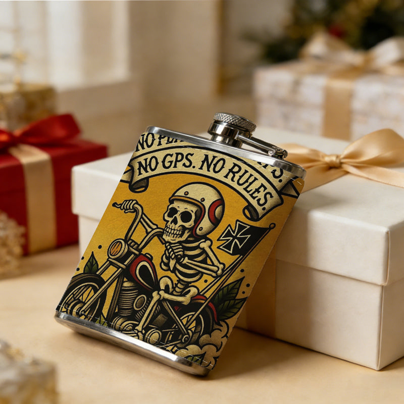 Skeleton rider on motorcycle with banner One 8oz Flask – Carries Whiskey, Wine & Juice, Portable Outdoor Gift for Friends