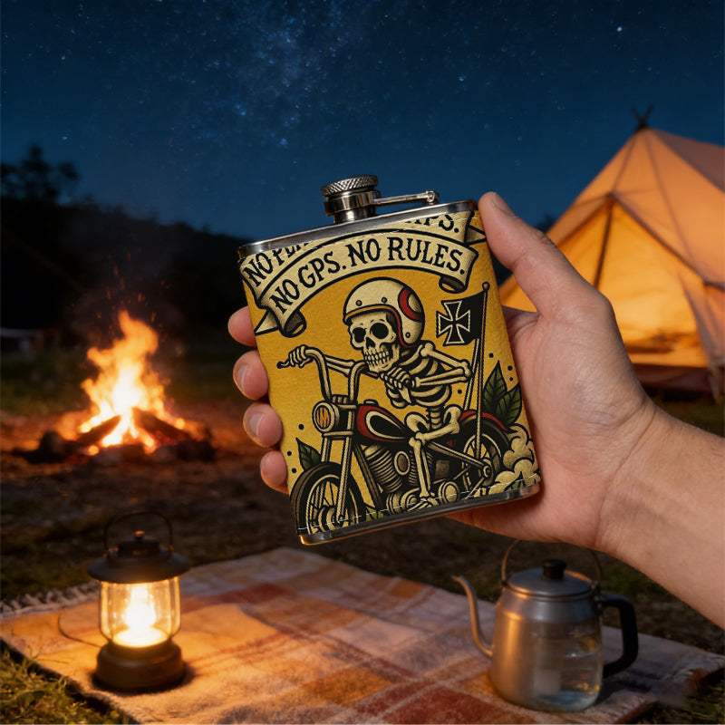 Skeleton rider on motorcycle with banner One 8oz Flask – Carries Whiskey, Wine & Juice, Portable Outdoor Gift for Friends