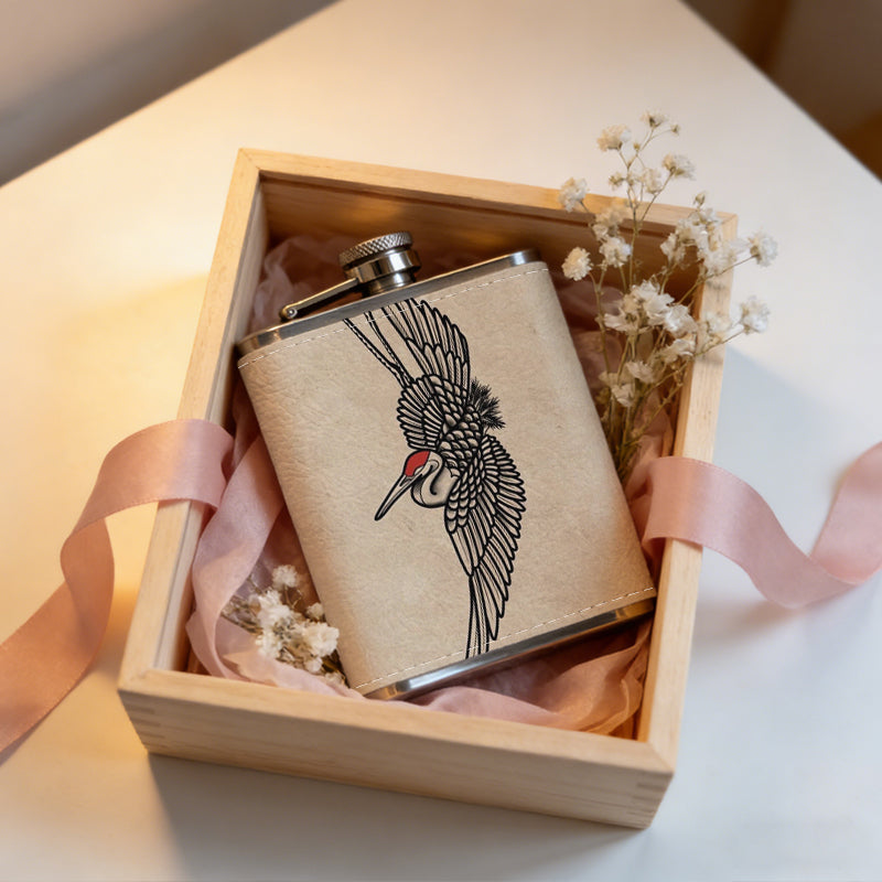 Drawing of winged skull with red details One 8oz Flask – Carries Whiskey, Wine & Juice, Portable Outdoor Gift for Friends