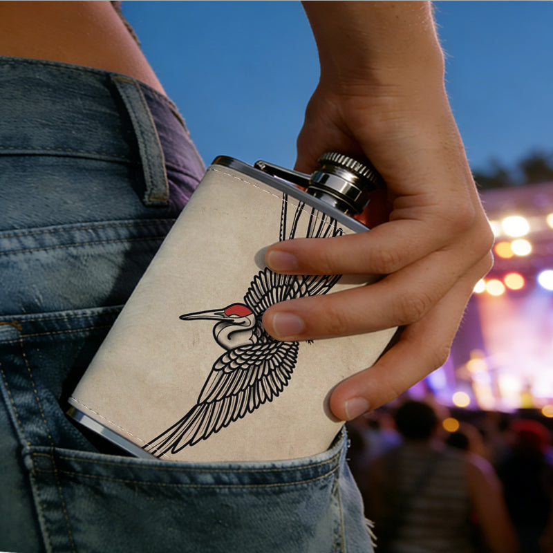Drawing of winged skull with red details One 8oz Flask – Carries Whiskey, Wine & Juice, Portable Outdoor Gift for Friends