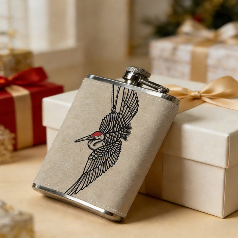 Drawing of winged skull with red details One 8oz Flask – Carries Whiskey, Wine & Juice, Portable Outdoor Gift for Friends