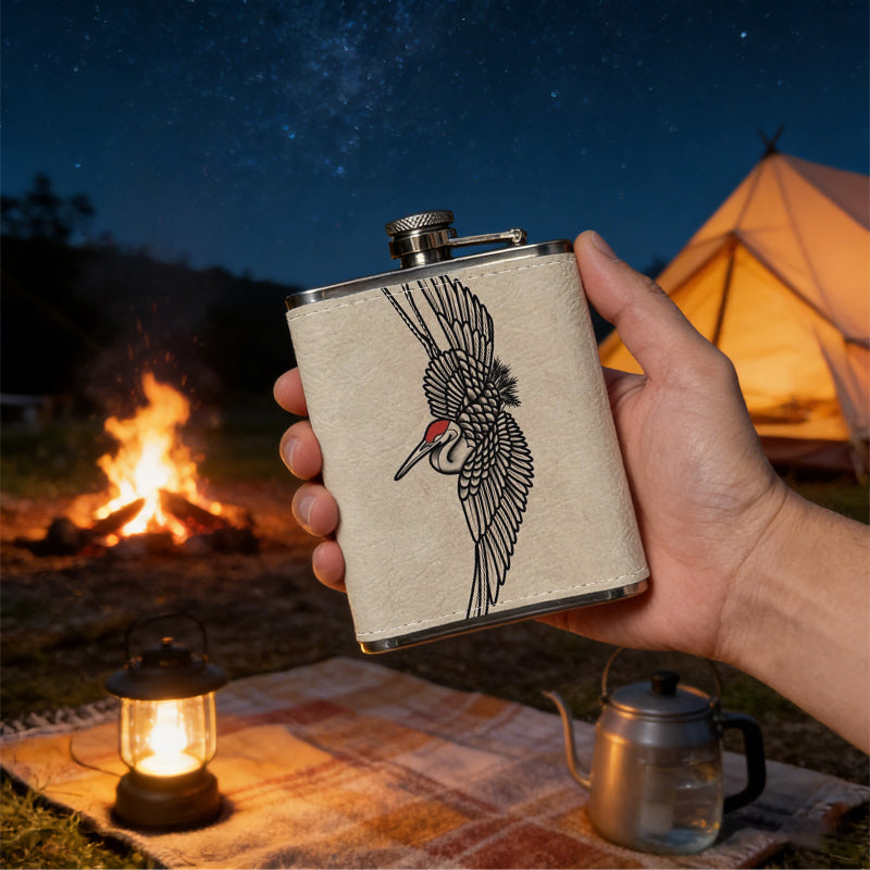 Drawing of winged skull with red details One 8oz Flask – Carries Whiskey, Wine & Juice, Portable Outdoor Gift for Friends