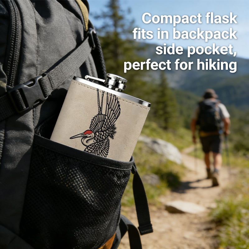 Drawing of winged skull with red details One 8oz Flask – Carries Whiskey, Wine & Juice, Portable Outdoor Gift for Friends
