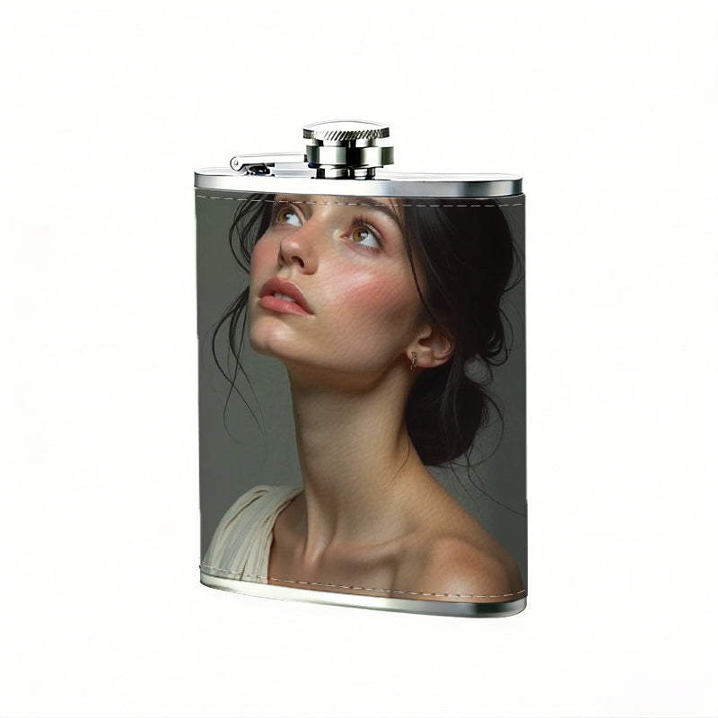 Portrait of a young woman looking up One 8oz Flask – Carries Whiskey, Wine & Juice, Portable Outdoor Gift for Friends