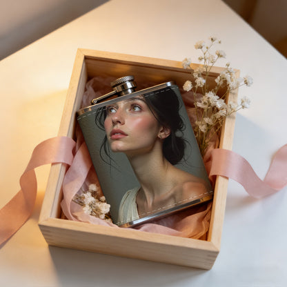 Portrait of a young woman looking up One 8oz Flask – Carries Whiskey, Wine & Juice, Portable Outdoor Gift for Friends