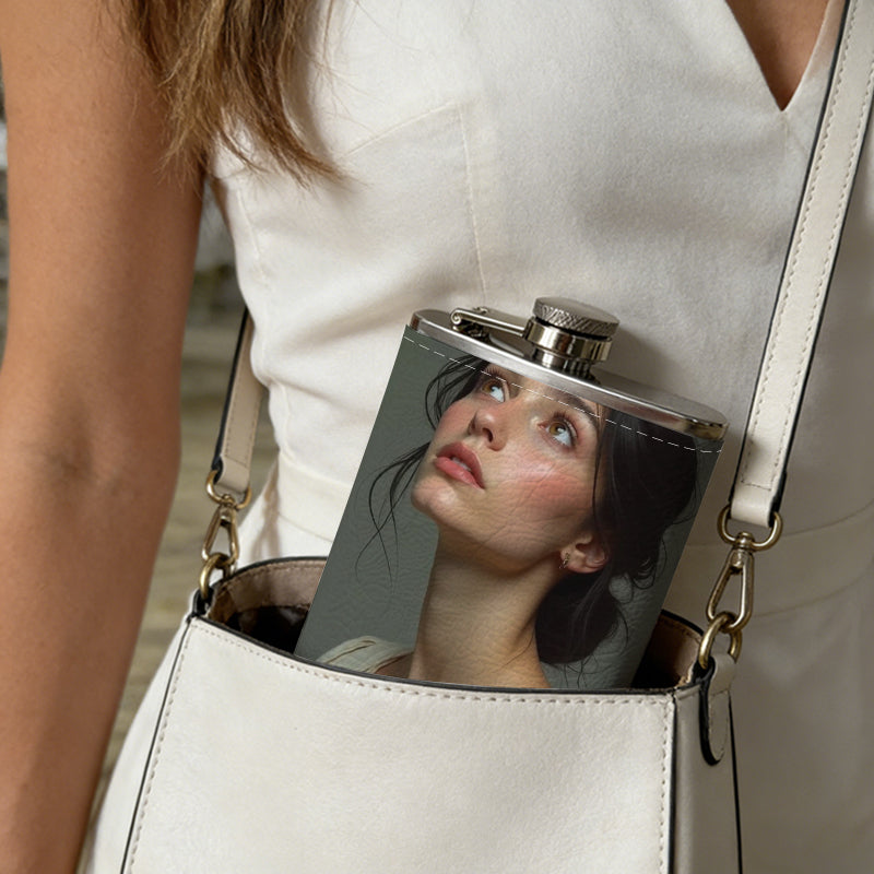Portrait of a young woman looking up One 8oz Flask – Carries Whiskey, Wine & Juice, Portable Outdoor Gift for Friends