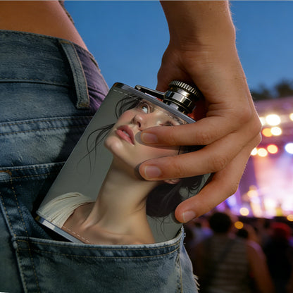 Portrait of a young woman looking up One 8oz Flask – Carries Whiskey, Wine & Juice, Portable Outdoor Gift for Friends