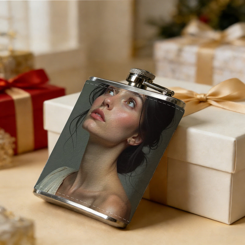 Portrait of a young woman looking up One 8oz Flask – Carries Whiskey, Wine & Juice, Portable Outdoor Gift for Friends
