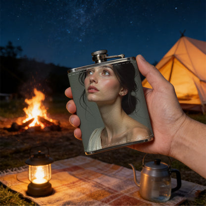 Portrait of a young woman looking up One 8oz Flask – Carries Whiskey, Wine & Juice, Portable Outdoor Gift for Friends