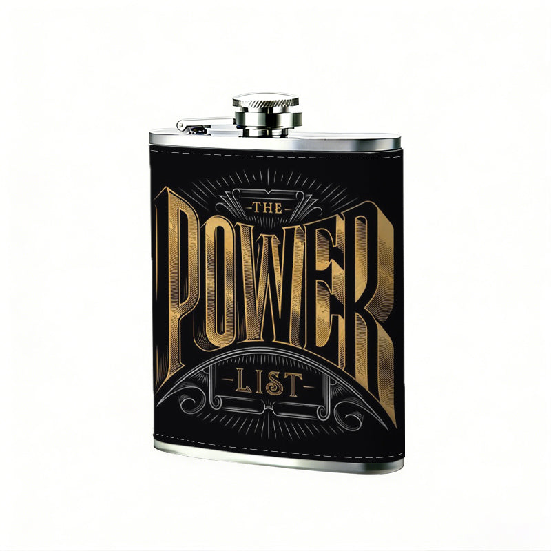 Golden "POWER" text on black background One 8oz Flask – Carries Whiskey, Wine & Juice, Portable Outdoor Gift for Friends