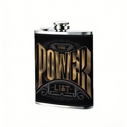 Golden "POWER" text on black background One 8oz Flask – Carries Whiskey, Wine & Juice, Portable Outdoor Gift for Friends