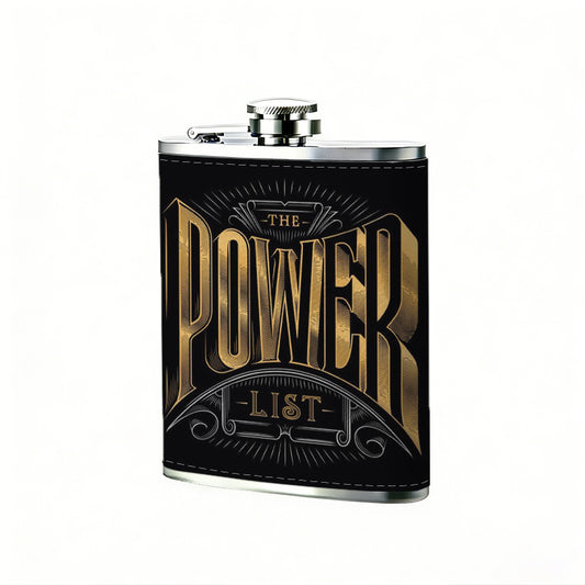 Golden "POWER" text on black background One 8oz Flask – Carries Whiskey, Wine & Juice, Portable Outdoor Gift for Friends