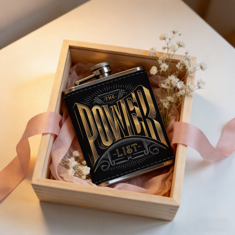 Golden "POWER" text on black background One 8oz Flask – Carries Whiskey, Wine & Juice, Portable Outdoor Gift for Friends