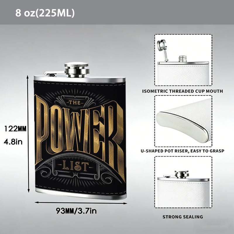 Golden "POWER" text on black background One 8oz Flask – Carries Whiskey, Wine & Juice, Portable Outdoor Gift for Friends