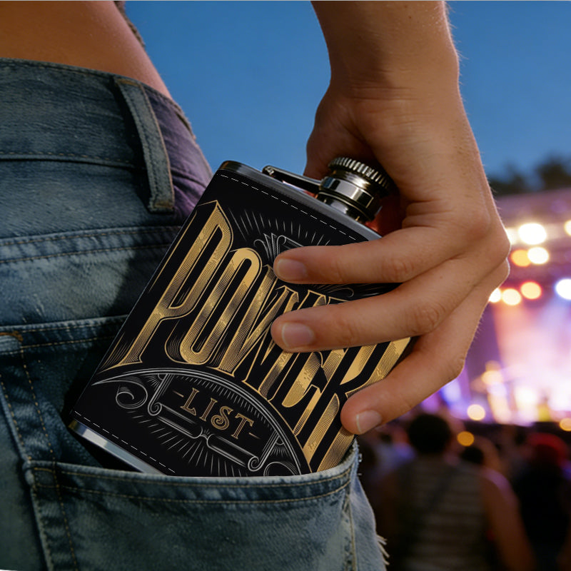 Golden "POWER" text on black background One 8oz Flask – Carries Whiskey, Wine & Juice, Portable Outdoor Gift for Friends