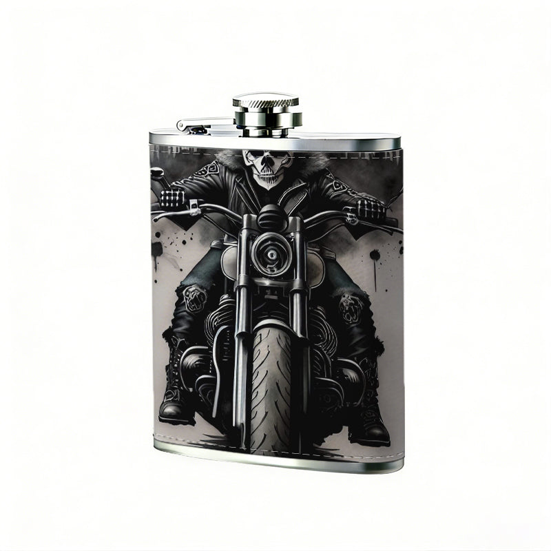 Skull and motorcycle themed artwork One 8oz Flask – Carries Whiskey, Wine & Juice, Portable Outdoor Gift for Friends