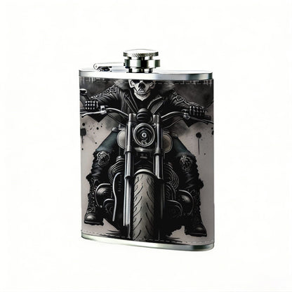 Skull and motorcycle themed artwork One 8oz Flask – Carries Whiskey, Wine & Juice, Portable Outdoor Gift for Friends