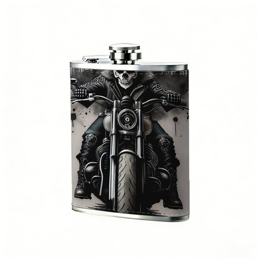 Skull and motorcycle themed artwork One 8oz Flask – Carries Whiskey, Wine & Juice, Portable Outdoor Gift for Friends