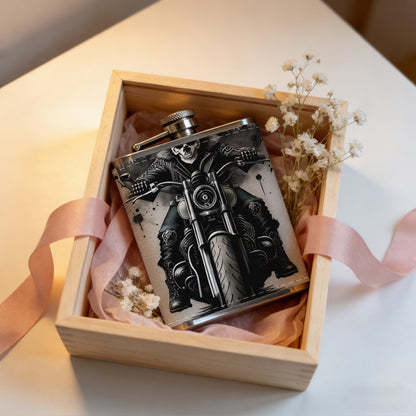 Skull and motorcycle themed artwork One 8oz Flask – Carries Whiskey, Wine & Juice, Portable Outdoor Gift for Friends
