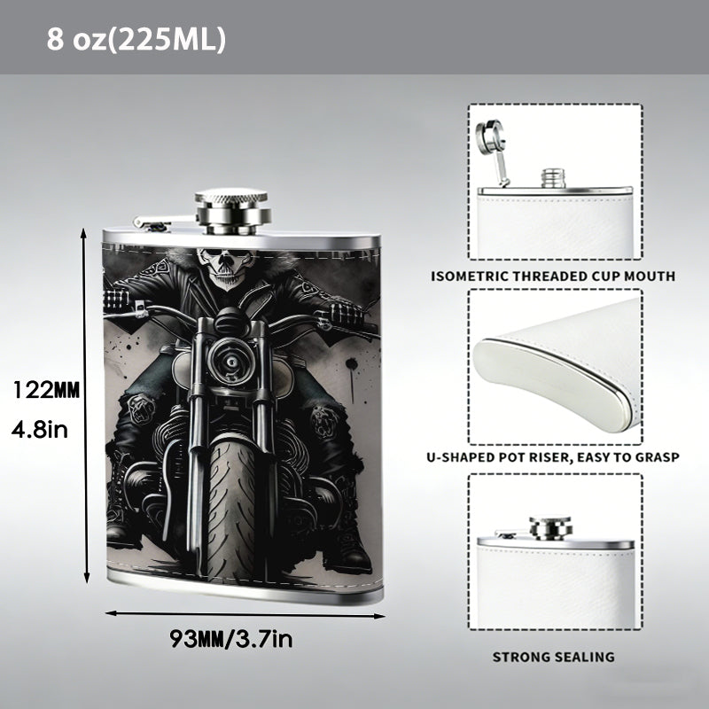 Skull and motorcycle themed artwork One 8oz Flask – Carries Whiskey, Wine & Juice, Portable Outdoor Gift for Friends