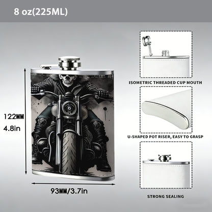 Skull and motorcycle themed artwork One 8oz Flask – Carries Whiskey, Wine & Juice, Portable Outdoor Gift for Friends