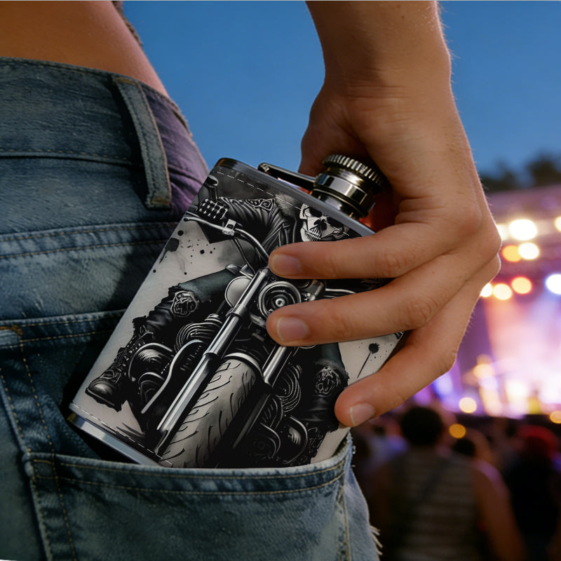 Skull and motorcycle themed artwork One 8oz Flask – Carries Whiskey, Wine & Juice, Portable Outdoor Gift for Friends