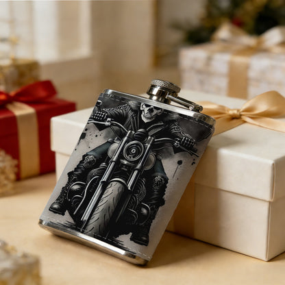 Skull and motorcycle themed artwork One 8oz Flask – Carries Whiskey, Wine & Juice, Portable Outdoor Gift for Friends