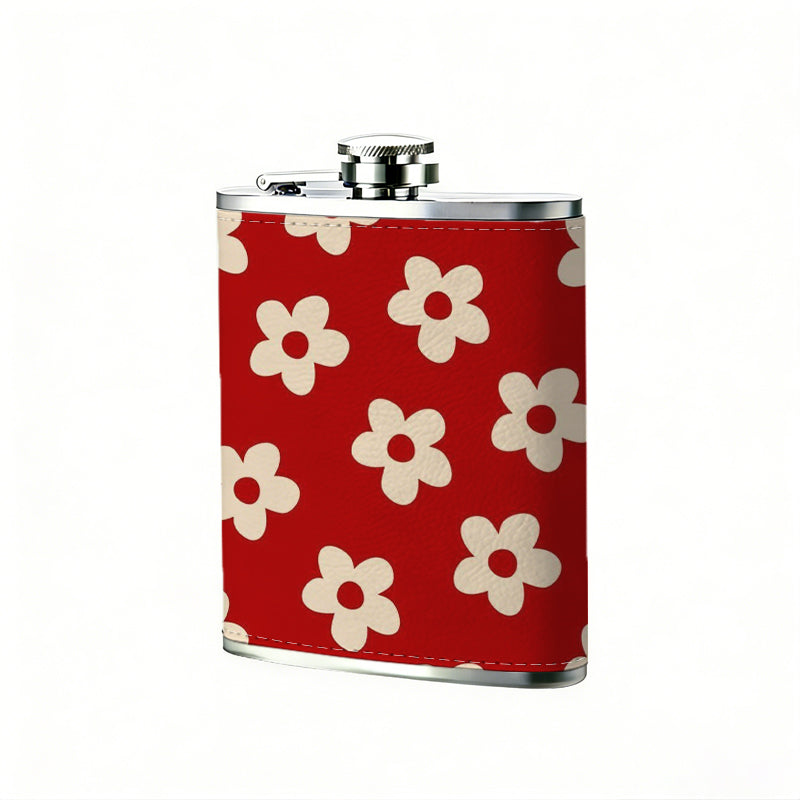 Small white flowers on red background One 8oz Flask – Carries Whiskey, Wine & Juice, Portable Outdoor Gift for Friends