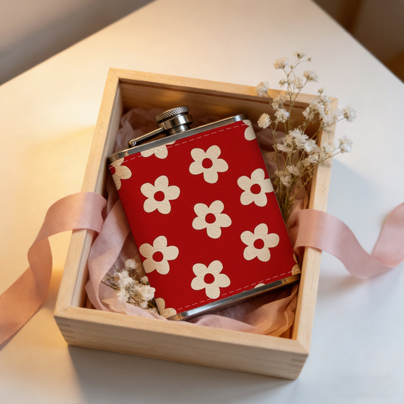 Small white flowers on red background One 8oz Flask – Carries Whiskey, Wine & Juice, Portable Outdoor Gift for Friends