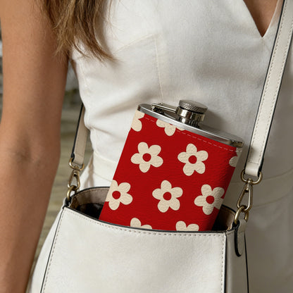 Small white flowers on red background One 8oz Flask – Carries Whiskey, Wine & Juice, Portable Outdoor Gift for Friends