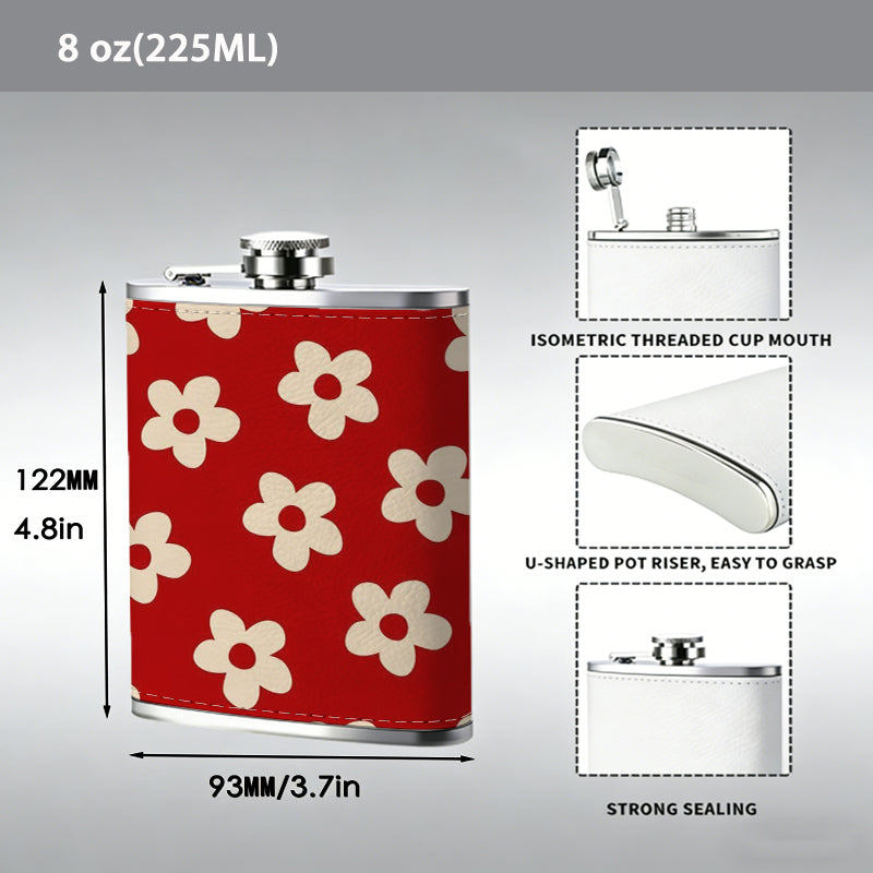 Small white flowers on red background One 8oz Flask – Carries Whiskey, Wine & Juice, Portable Outdoor Gift for Friends
