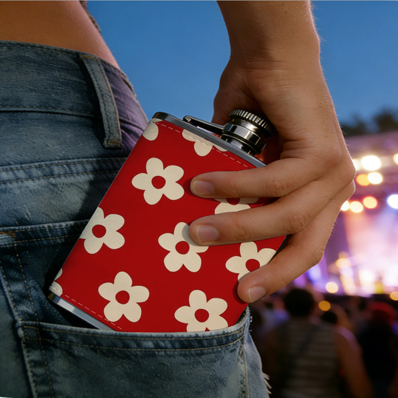 Small white flowers on red background One 8oz Flask – Carries Whiskey, Wine & Juice, Portable Outdoor Gift for Friends