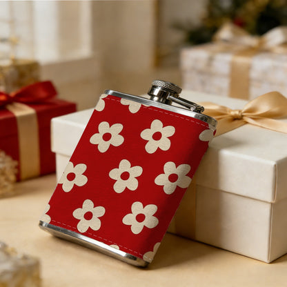 Small white flowers on red background One 8oz Flask – Carries Whiskey, Wine & Juice, Portable Outdoor Gift for Friends