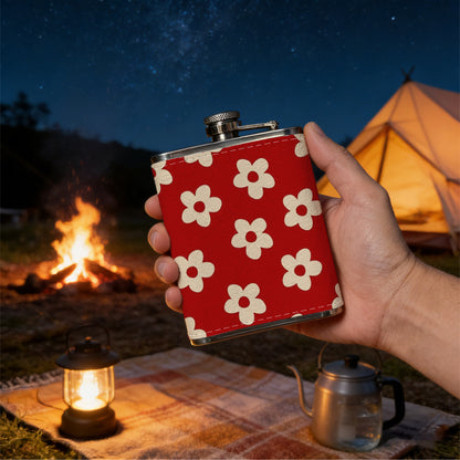 Small white flowers on red background One 8oz Flask – Carries Whiskey, Wine & Juice, Portable Outdoor Gift for Friends