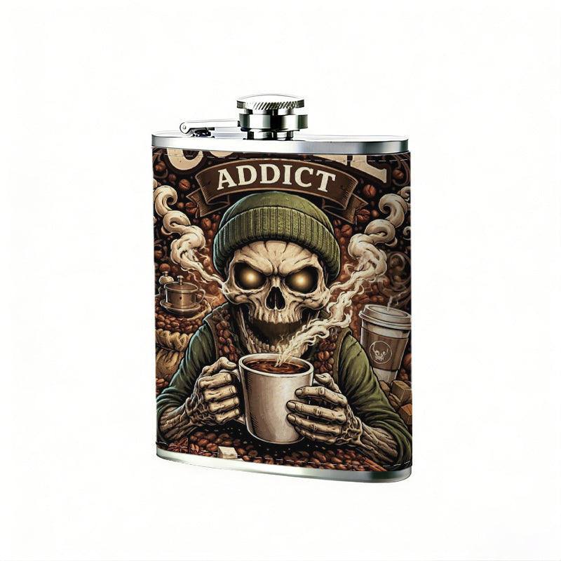 A skeleton drinking coffee poster One 8oz Flask – Carries Whiskey, Wine & Juice, Portable Outdoor Gift for Friends